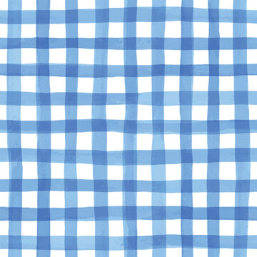 Seamless hand painted blue gingham check pattern with soft watercolor texture. Cute rustic plaid background perfect for fabric, wallpaper, packaging, stationery, kitchen and summer design
