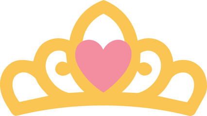 A golden princess tiara with a pink heart centerpiece and elegant ornamental swirls is illustrated in charming flat vector style © Svutlana