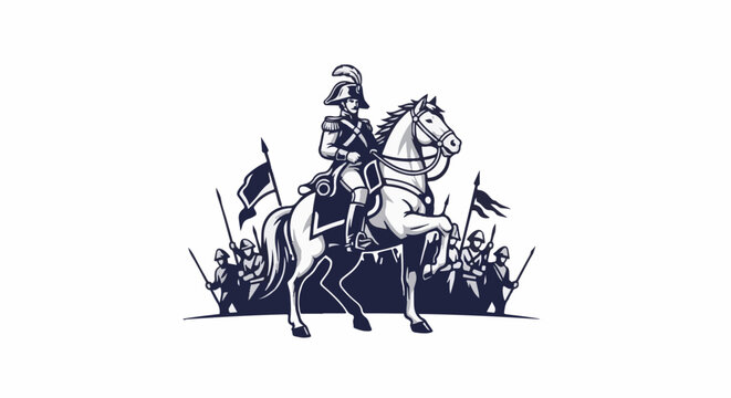 A uniformed man on horseback leads a troop of soldiers holding spears and flags