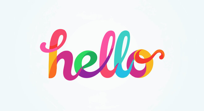 Colorful flowing script letters spell out "hello" against a bright white background