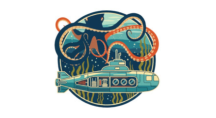 Underwater scene illustration with submarine and octopus design © upeh