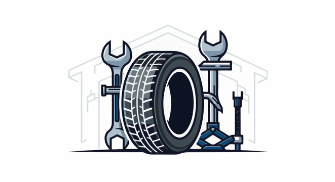 A tire is centrally placed with wrenches and a jack on either side, against a backdrop of outlines