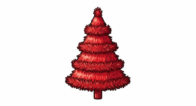 A stylized red tree with a conical shape and layered branches, set against a white background