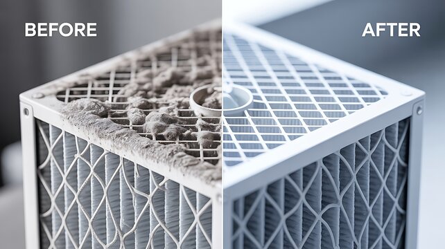 Before and after comparison of a dirty and clean air filter with maintenance