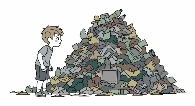 A child looks at a large pile of trash