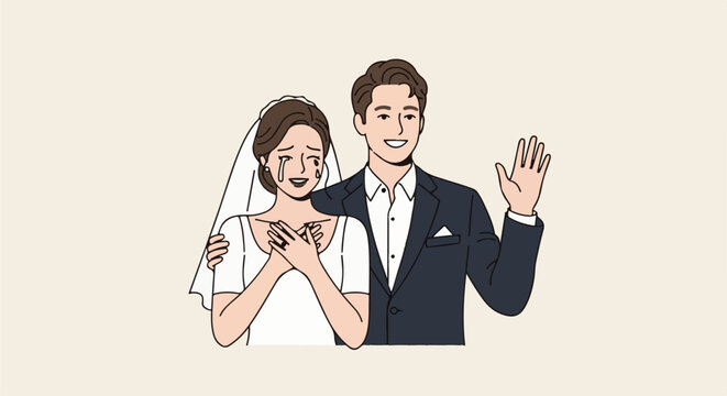 A bride cries tears of joy while a groom smiles and waves