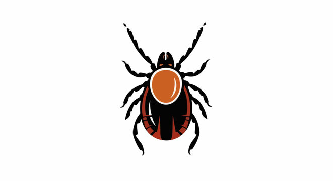 Stylized illustration of a tick with black body, orange oval, and red accents