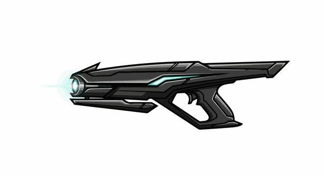 Sleek, futuristic firearm with glowing blue accents and a luminous energy beam