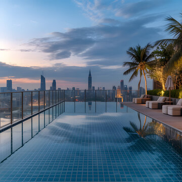 Rooftop swimming pool offers a panoramic view of the urban horizon during a calm sunset evening.