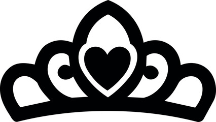 A sleek black princess tiara with a heart-shaped centerpiece and elegant ornamental curves is shown in minimalist flat vector silhouette style © Svutlana