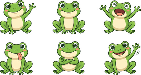 Cute Frog Cartoon Character Collection with Funny Happy Expressions and Green Amphibian Vector Illustration Set for Kids Design © Mstferdoshi