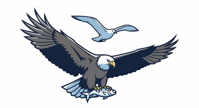 A fierce eagle, talons clutching a fish, soars with wings spread wide, pursued by a smaller bird