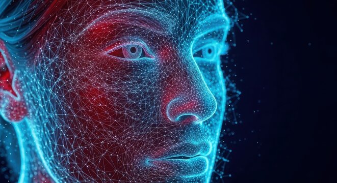 a blue and red pixelated image of a person's face illustration