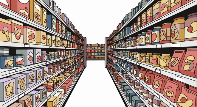 Aisles of a grocery store filled with colorful packaged goods, extending into a bright, empty space