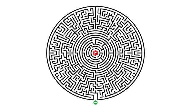 Circular black and white maze with a red center point