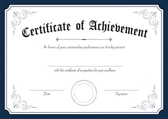 Elegant retro certificate of achievement template with decorative blue border and ornate flourishes © Andy