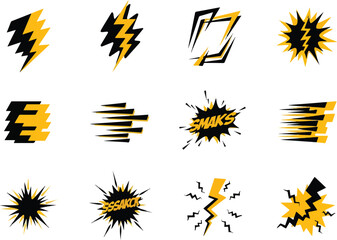 Collection of 12 black and yellow comic book style action and impact graphics © aprian