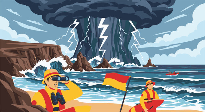 Lifeguards on beach monitor stormy sea with lightning