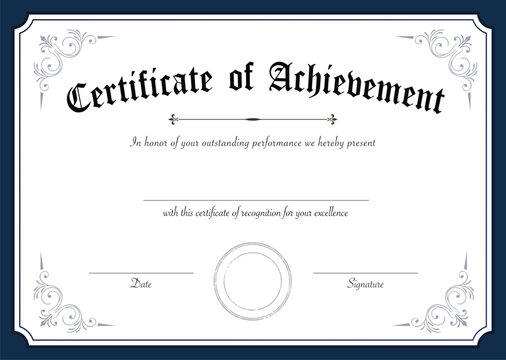 Elegant retro certificate of achievement template with decorative blue border and ornate flourishes