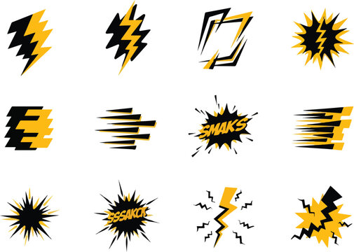 Collection of 12 black and yellow comic book style action and impact graphics