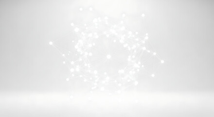 Fototapeta premium Abstract glowing network of interconnected white dots forming a dynamic sphere against a clean, bright background, symbolizing data, technology, and innovation.