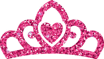 A sparkling pink glitter princess tiara with elegant swirls, a heart-shaped centerpiece, and ornate royal detailing is illustrated in a glamorous flat vector style © Svutlana