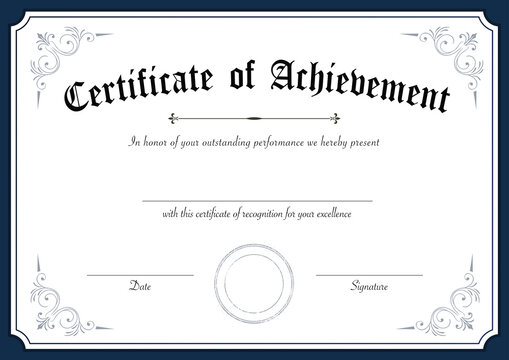 Elegant retro certificate of achievement template with decorative blue border and ornate flourishes