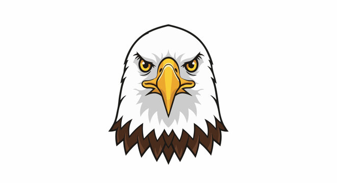 A close-up, graphic portrait of a fierce eagle's head against a white background