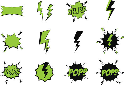 Collection of 16 green and black comic book style lightning bolt and explosion graphics