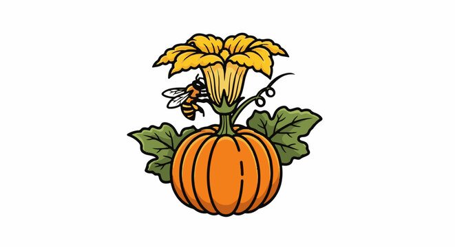 Stylized cartoon bee visits a bright orange pumpkin with a large yellow flower