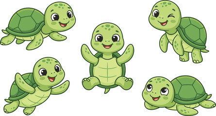 Obraz premium Cute Sea Turtle Cartoon Character Collection with Happy Smiling Marine Animals Vector Illustration Set for Kids Design