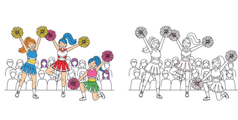 Fototapeta premium Cheerleaders performing with pom poms at sports event, colored vector illustration and black and white coloring book page line art
