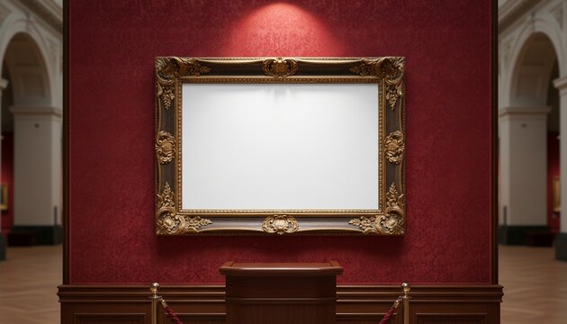 Antique art fair gallery frame on royal red wall at auction house or museum exhibition blank template with empty white copyspace for mockup design artwork concept