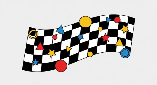 Waving checkered flag with colorful shapes and stars.