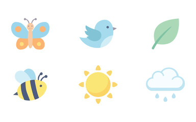 Naklejka premium Spring Season Flat Vector Icon Pack with Tulips Butterfly Rainbow Sun Bee Bird and Nature Elements