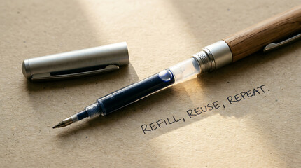 Fototapeta premium Close-up of a silver and wooden ballpoint pen with visible blue ink refill, resting near text on textured brown paper