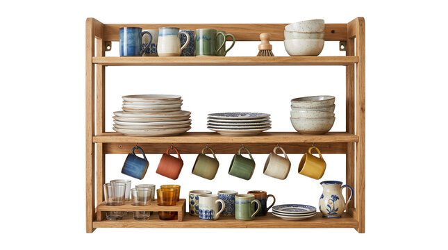 Rustic wooden kitchen shelf with ceramic mugs and plates, farmhouse style wall rack for dishware storage, handmade pottery collection on timber shelving isolated PNG with Transparent Background