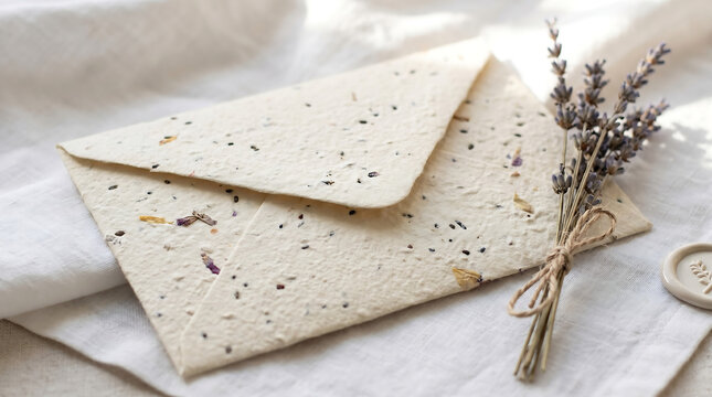 Sustainable seed paper envelope on white linen texture