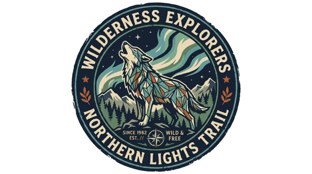 Wildlife illustration with wolf howling under aurora borealis