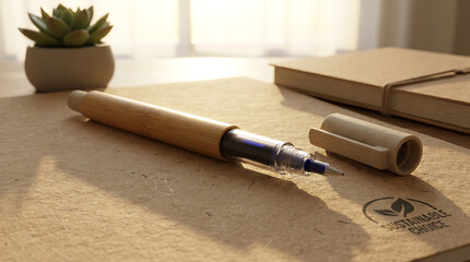 Fototapeta premium Elegant bamboo ballpoint pen with visible blue ink refill resting on textured paper