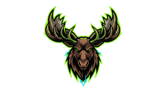 Aggressive Moose Mascot Head with Glowing Neon Outline
