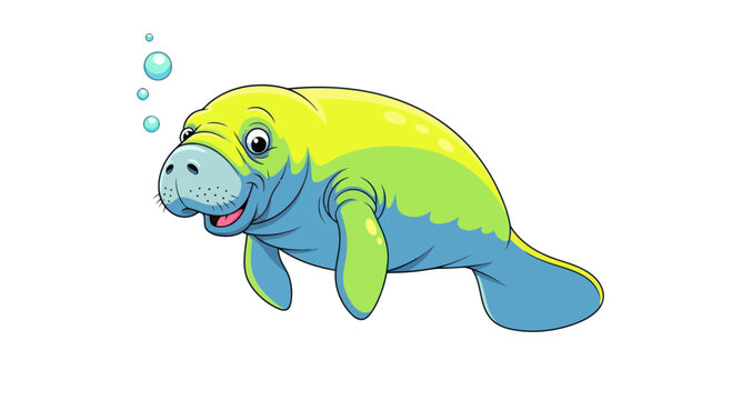 Cute cartoon manatee swimming with bubbles, isolated on white background