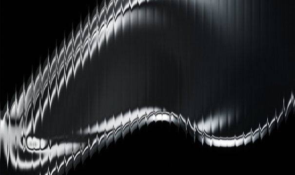 Premium 3D CGI render of abstract silver chrome metallic liquid surface with glossy reeded ribbed glass texture and smooth fluid wave distortion backdrop