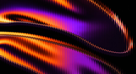 Dynamic 3D liquid metal waves with neon orange and purple gradient, glossy ribbed glass surface, smooth distortion and tech energy background © OS