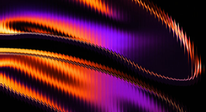 Dynamic 3D liquid metal waves with neon orange and purple gradient, glossy ribbed glass surface, smooth distortion and tech energy background