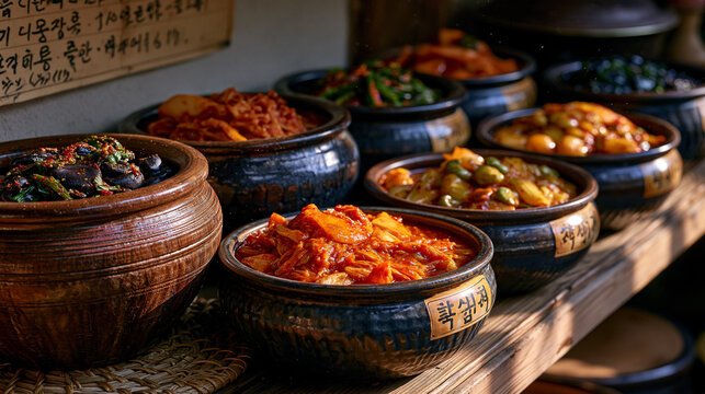 Assorted kimchi varieties in labeled earthenware urns along a sunlit basement shelf, dust motes in the air, a handwritten recipe pinned to the wall above, perfect for fermentation craft, Korean pant