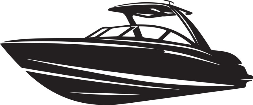 Modern motorboat silhouette vector, sleek luxury speedboat icon, black and white nautical vessel illustration for marine branding and yachting logos