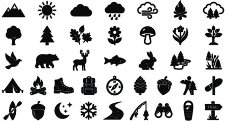 Outdoor Nature Icons Set with Animals Trees Mountains Weather Camping Hiking Equipment and Wildlife Elements for Adventure Travel Forest Exploration Design Collection © Mimi
