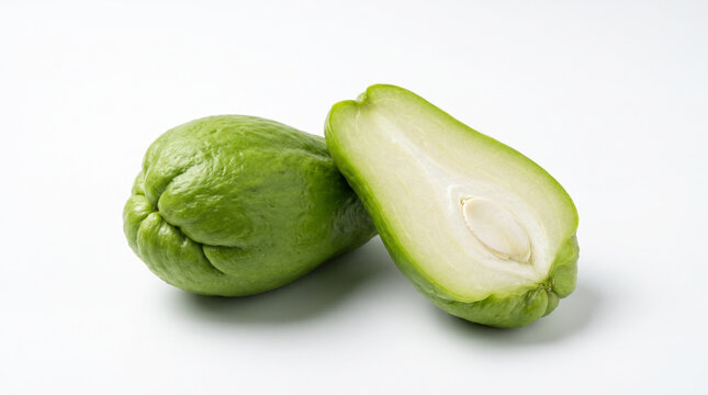 Fresh chayote squash whole and cut in half, revealing its seed, healthy vegetable isolated on white