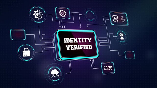 Digital identity verified screen showing successful user authentication and biometric security protocols perfect for banking ads and personal data safety presentations